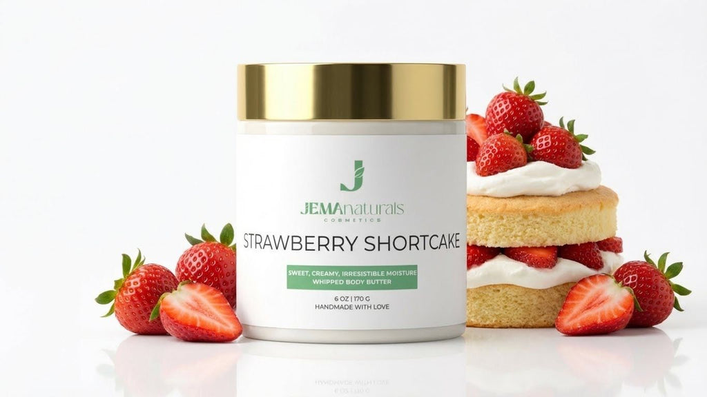 Strawberry Shortcake body butter with strawberries and a cake on a white background. ice cream texture that mels into your skin. smells sweet 